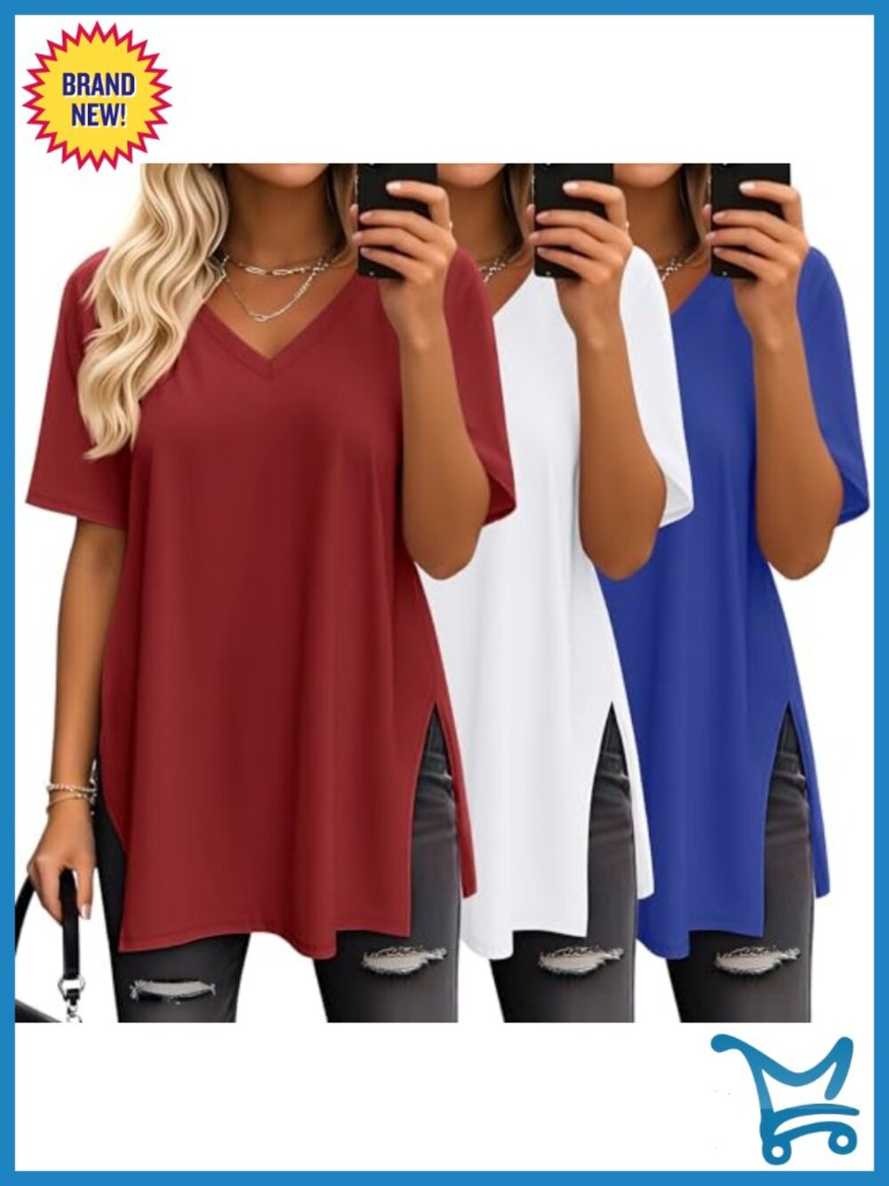 Oversized V Neck T Shirts Soft Stretchy Side Slit Casual Tops 3 Pack